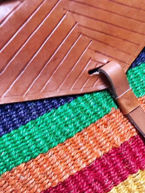 Rainbow Sisal Bucket Bag | Large Boho Beach Tote | Leather Crossbody Bag | 70s Hippie Purse | Woven Straw Festival Handbag | Summer Shopper