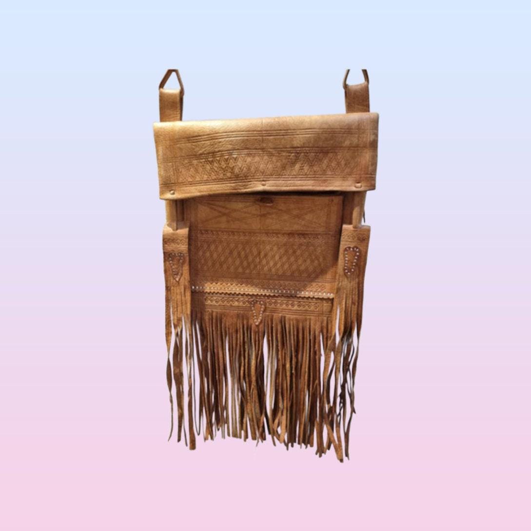 Vintage Leather Fringe Bag: Berber Design, Handmade Moroccan Purse