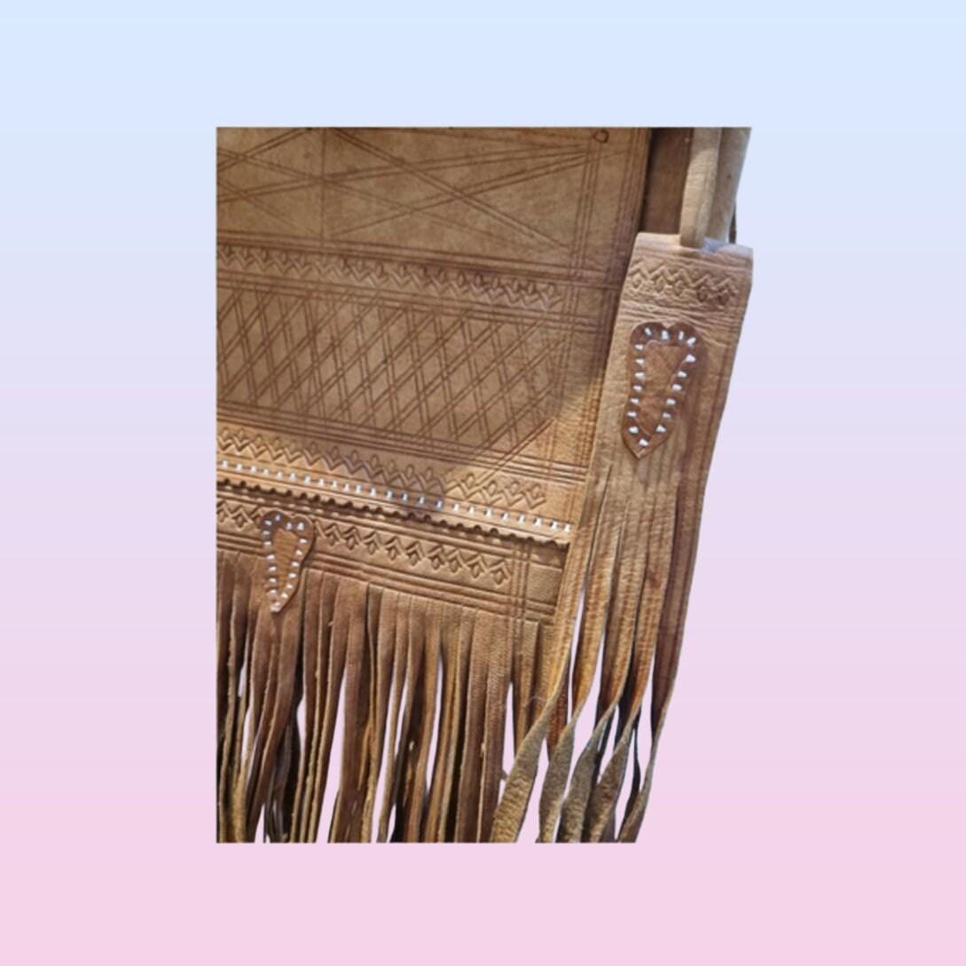 Vintage Leather Fringe Bag: Berber Design, Handmade Moroccan Purse