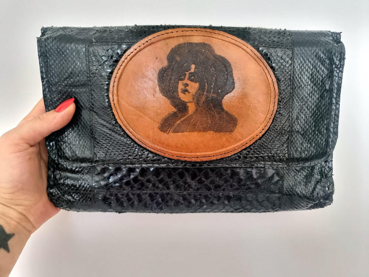 Art Nouveau Snake Leather Clutch Bag | Vintage Victorian Lady Hand Painted Purse | Gothic Boho Evening Bag | Unique Handmade Leather Bag