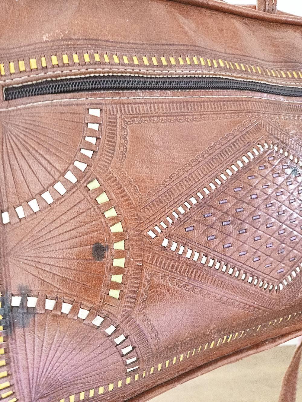 Moroccan Leather Holdall Bag Embroidered Weekender Boho Travel Bag Unisex Hippie Overnight Shoulder Bag