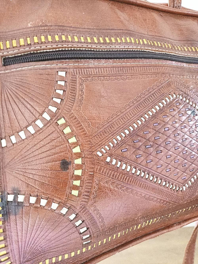Moroccan Leather Holdall Bag Embroidered Weekender Boho Travel Bag Unisex Hippie Overnight Shoulder Bag