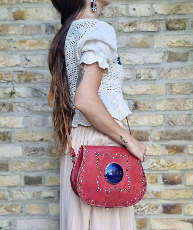 Studded moroccan leather bag with blue stone - gypsy coin purse - ethnic african crafts - medium size saddle bag