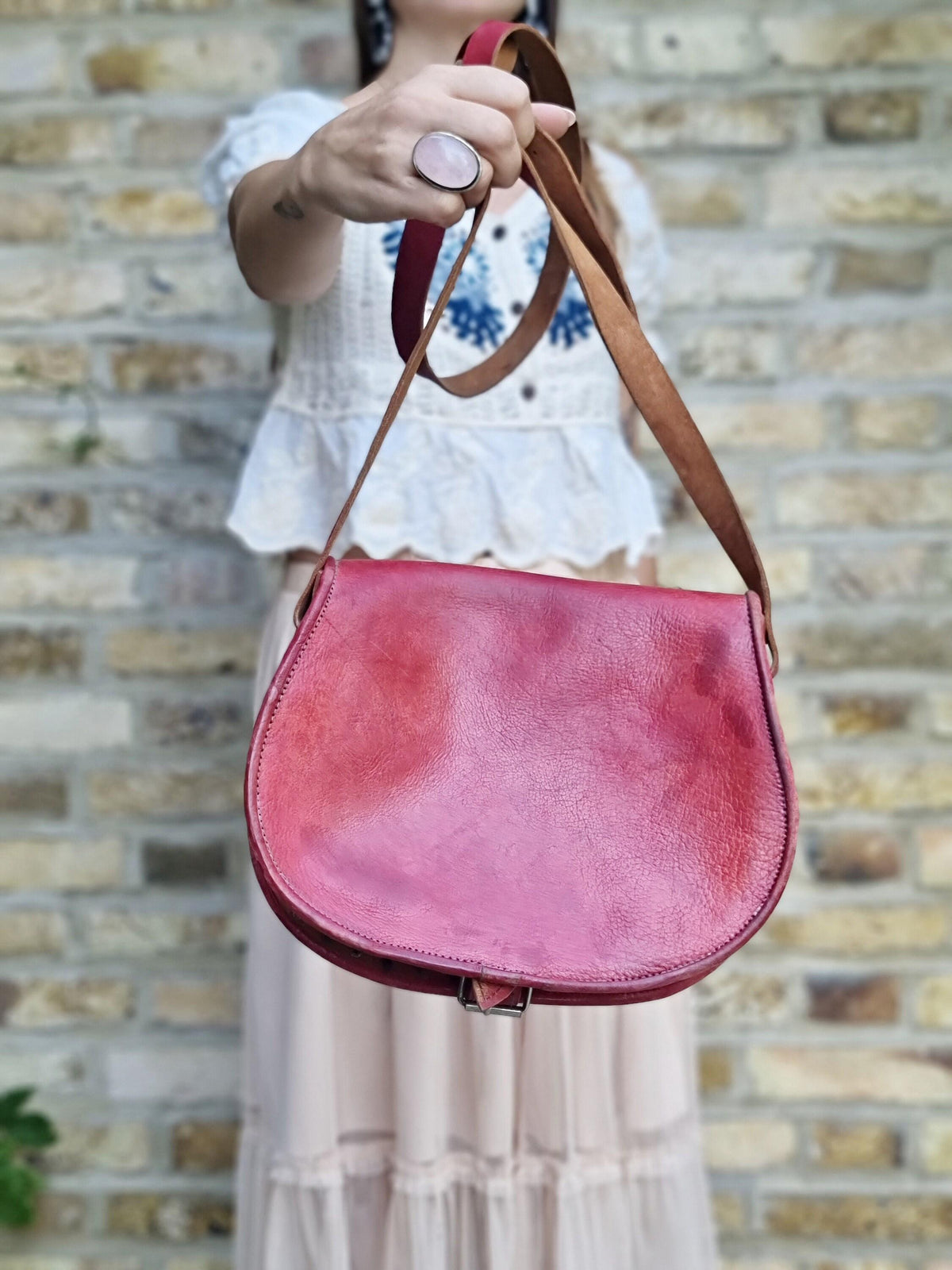 Studded moroccan leather bag with blue stone - gypsy coin purse - ethnic african crafts - medium size saddle bag