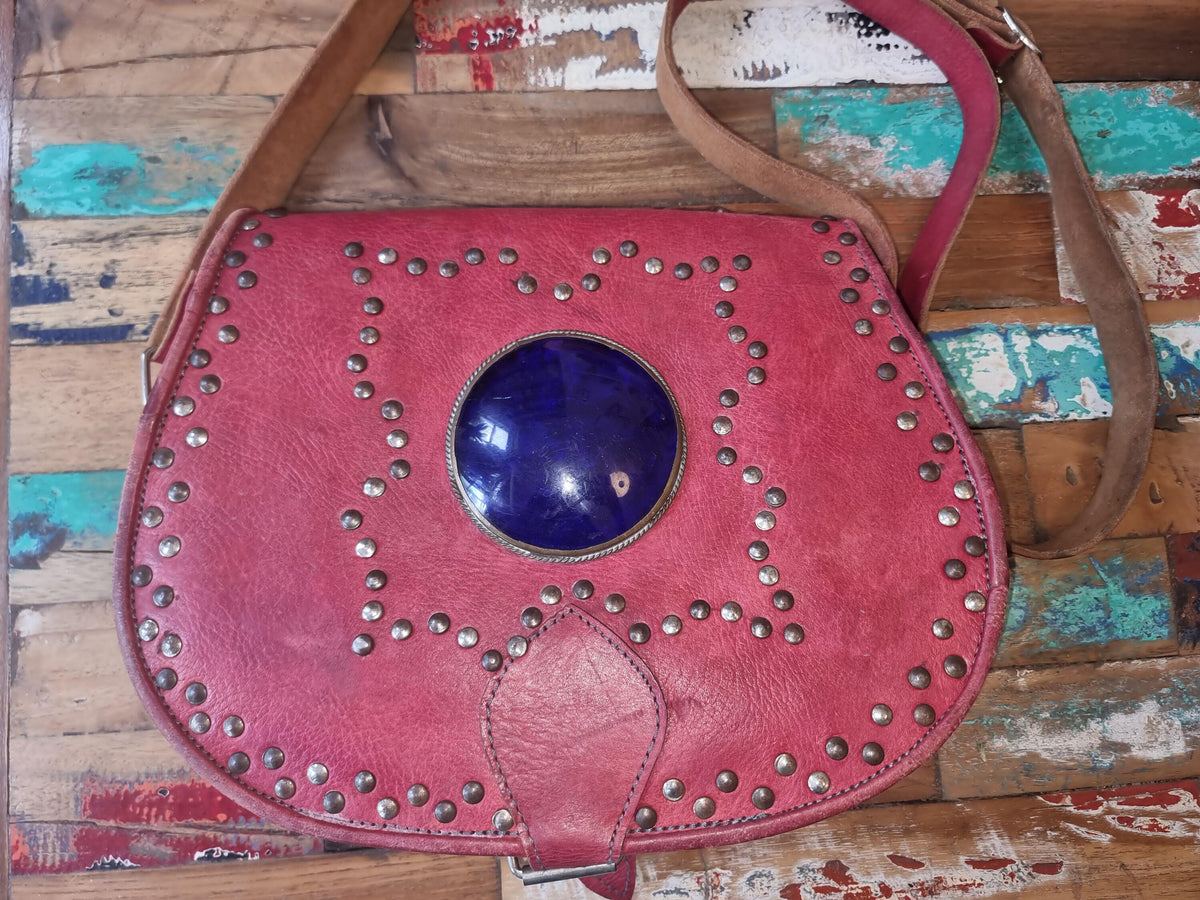 Studded moroccan leather bag with blue stone - gypsy coin purse - ethnic african crafts - medium size saddle bag