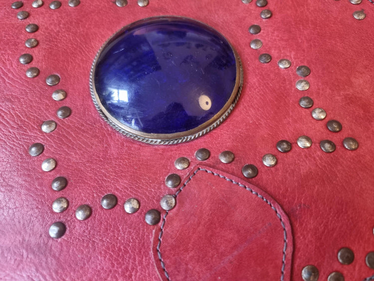 Studded moroccan leather bag with blue stone - gypsy coin purse - ethnic african crafts - medium size saddle bag