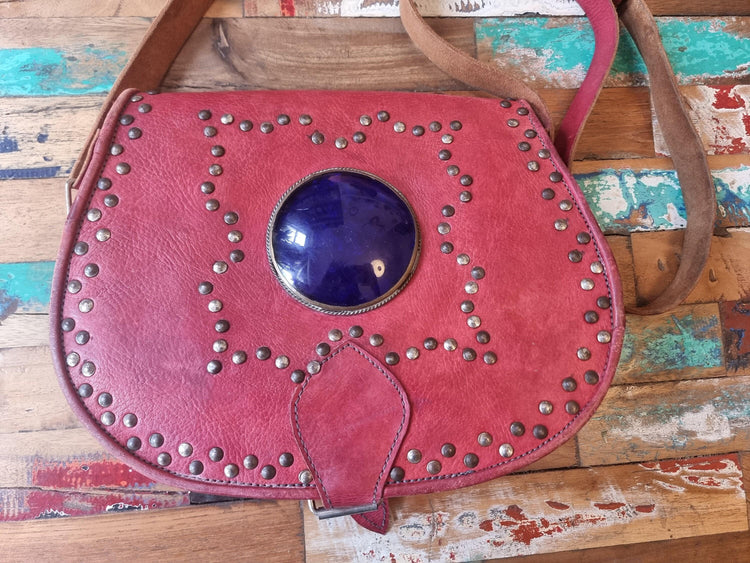 Studded moroccan leather bag with blue stone - gypsy coin purse - ethnic african crafts - medium size saddle bag