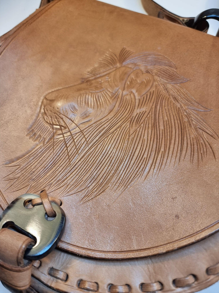 Vintage Lion Leather Bag, Hand Tooled Safari Crossbody Purse, African Western Shoulder Bag, Boho Leather Handbag, Lion Lover Gift