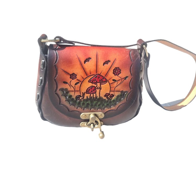 Hand Tooled Leather Mushroom Bag: Vintage Cottagecore Purse
