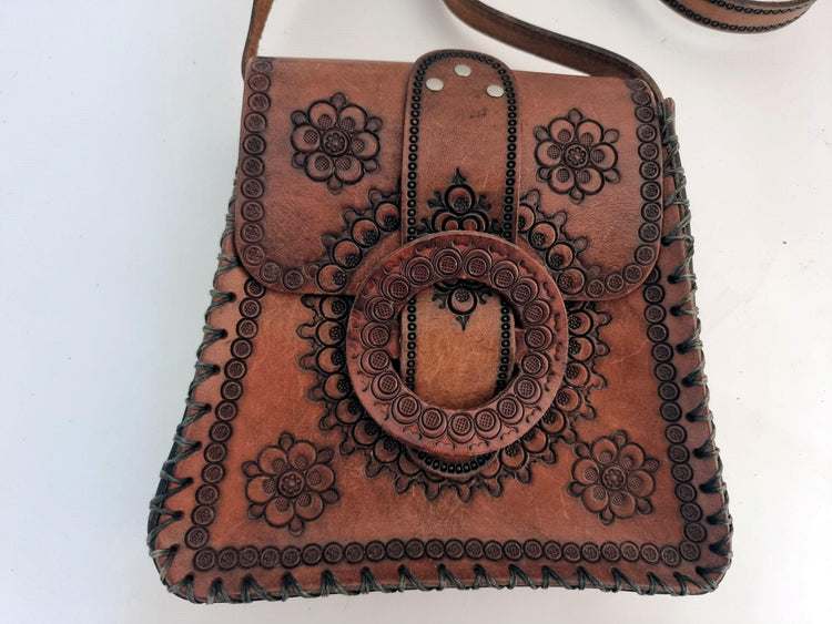 Vintage Tooled Leather Western Purse, Floral Leather Shoulder Bag, Boho Cowgirl Handbag, Hippie Festival Bag, Genuine Leather