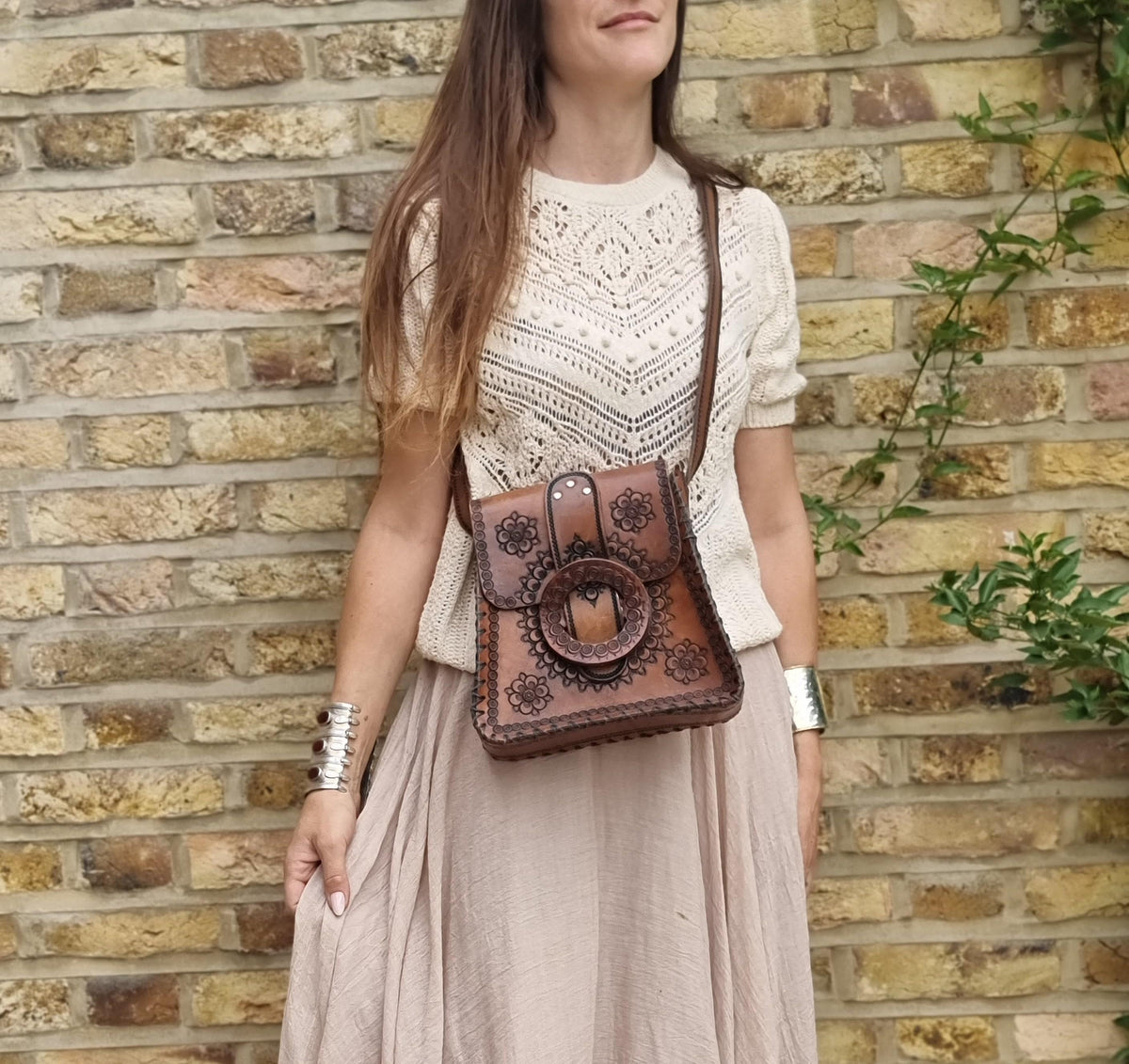 Vintage Tooled Leather Western Purse, Floral Leather Shoulder Bag, Boho Cowgirl Handbag, Hippie Festival Bag, Genuine Leather