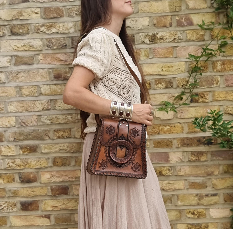 Vintage Tooled Leather Western Purse, Floral Leather Shoulder Bag, Boho Cowgirl Handbag, Hippie Festival Bag, Genuine Leather