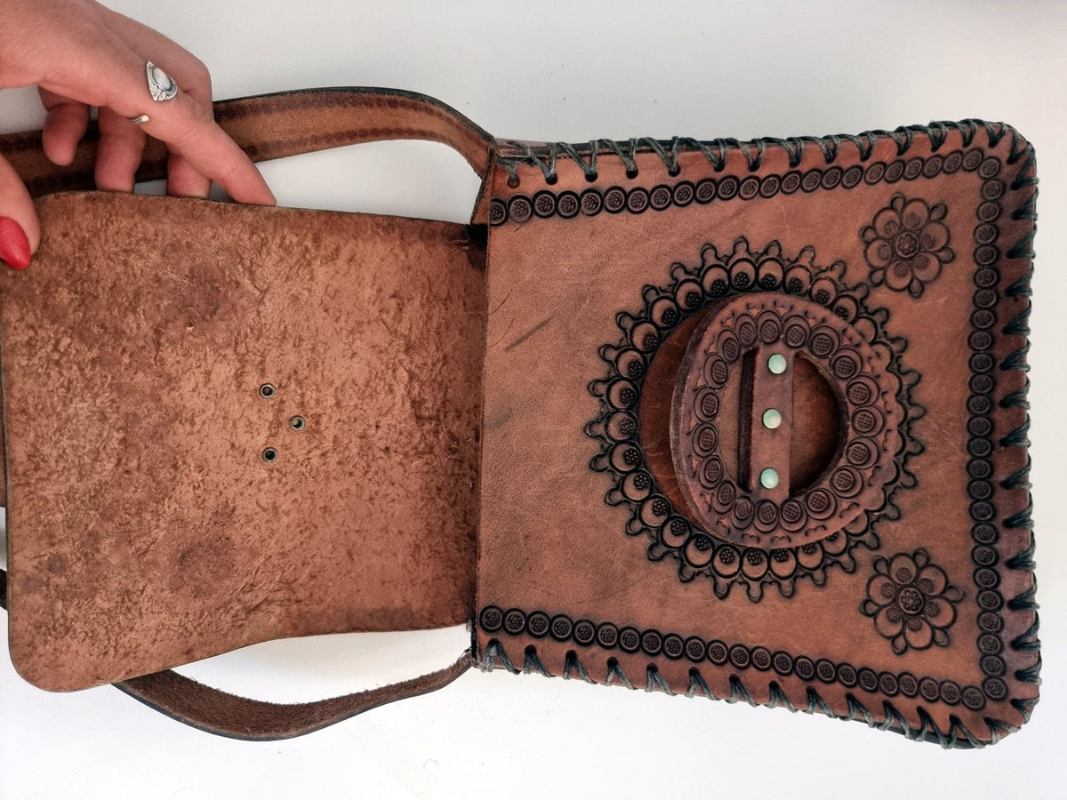 Vintage Tooled Leather Western Purse, Floral Leather Shoulder Bag, Boho Cowgirl Handbag, Hippie Festival Bag, Genuine Leather