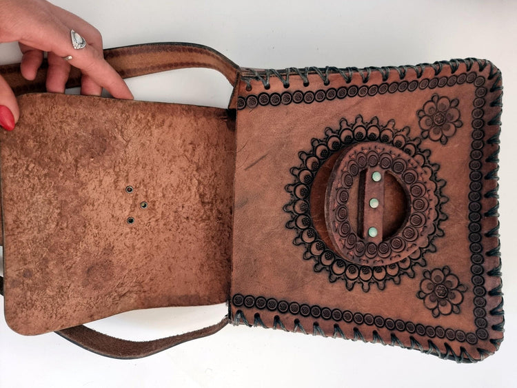 Vintage Tooled Leather Western Purse, Floral Leather Shoulder Bag, Boho Cowgirl Handbag, Hippie Festival Bag, Genuine Leather