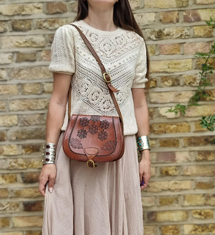 Unique 70s style tooled leather bag - hand-embossed boho shoulder purse - women festival bag