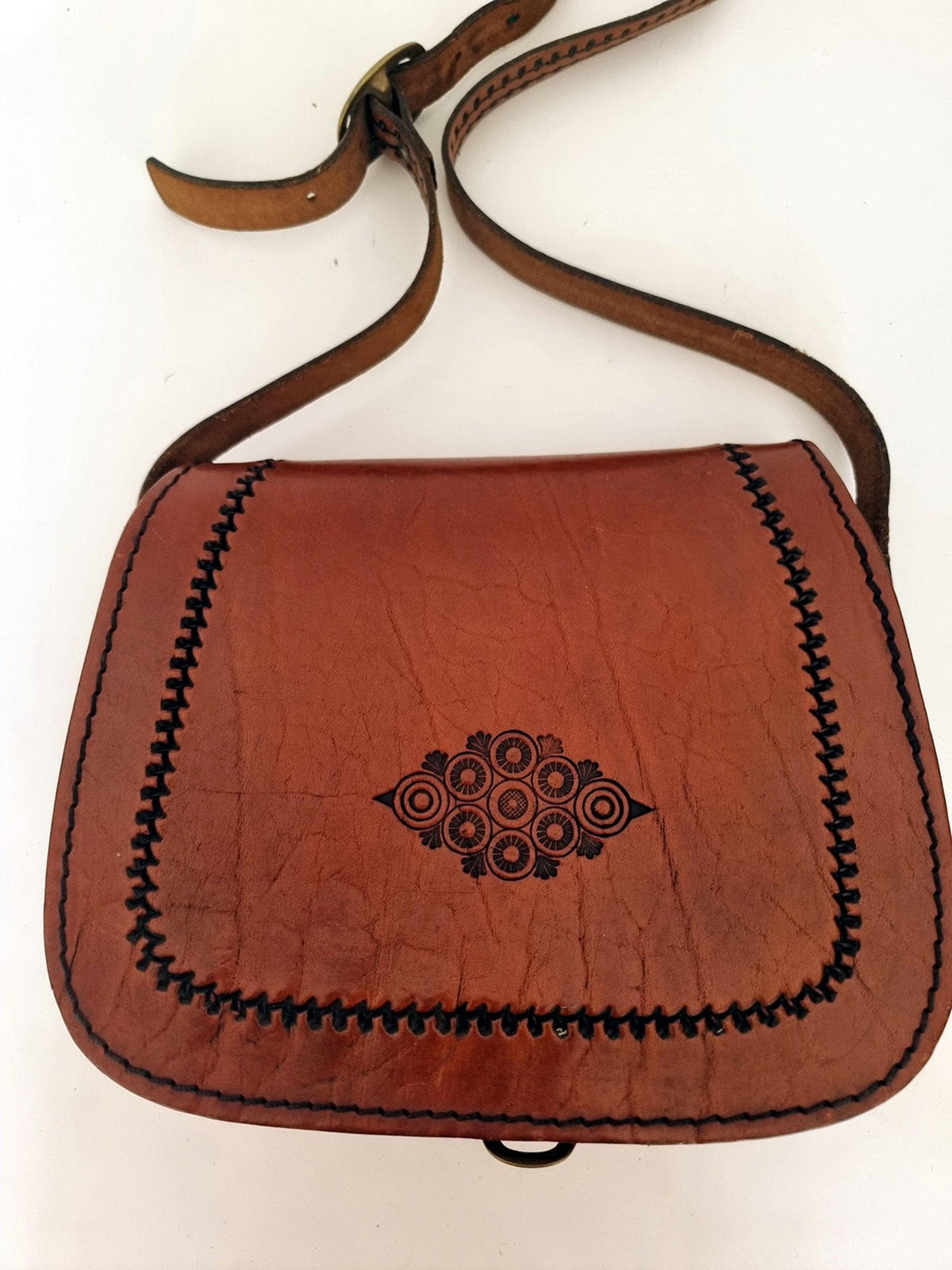 Unique 70s style tooled leather bag - hand-embossed boho shoulder purse - women festival bag