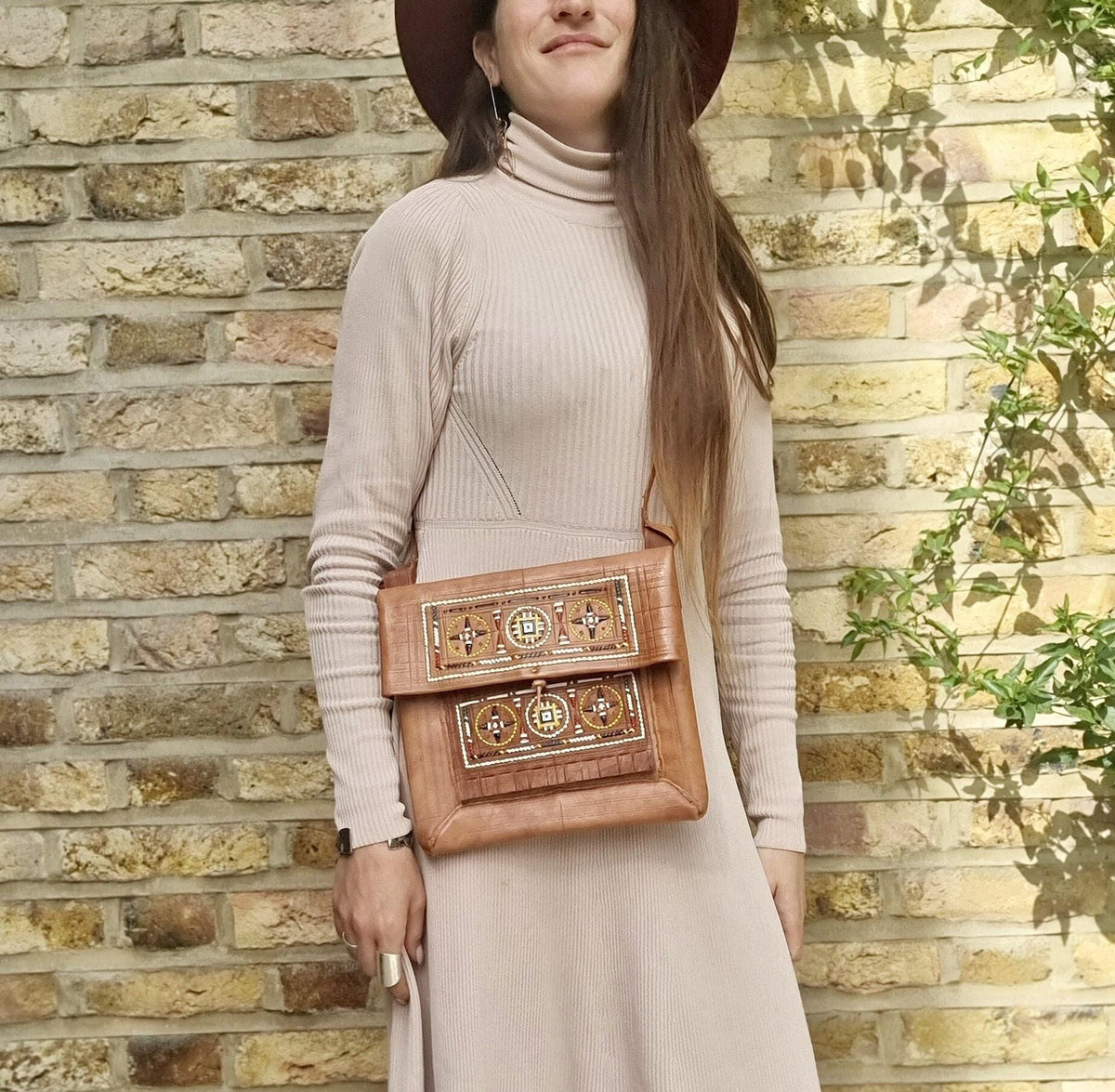Vintage Moroccan Berber Leather Bag, Handmade Boho Crossbody Purse, Tribal Embroidered Hippie Satchel, Authentic Berber Shoulder Bag