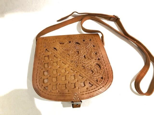 Floral Tooled Leather Crossbody Bag: Handmade Moroccan Boho Purse