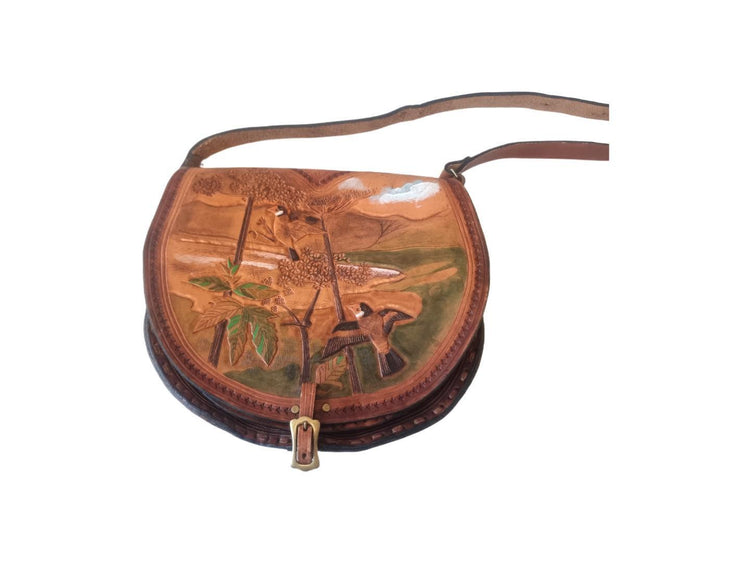 Vintage Woodland Leather Saddle Bag, Tooled Bird Crossbody, Forest Leather Bag, Boho Hippie Purse, Naturecore Bag, Western Shoulder Bag