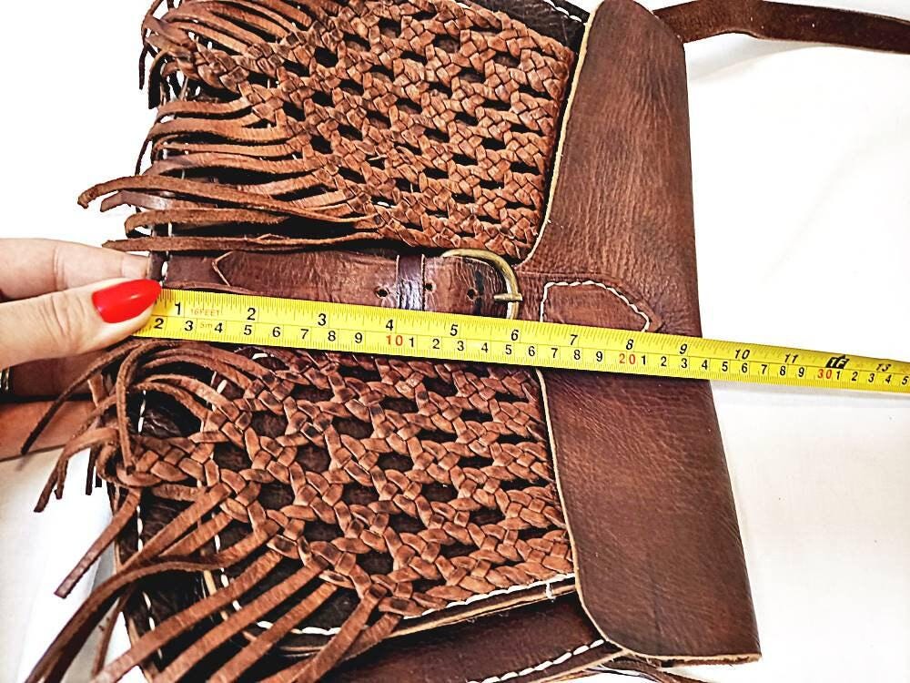 Vintage Moroccan Leather Fringe Bag: Braided Tassel Boho Purse