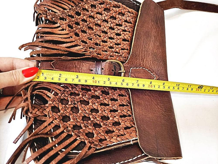 Vintage Moroccan Leather Fringe Bag: Braided Tassel Boho Purse
