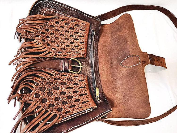 Vintage Moroccan Leather Fringe Bag: Braided Tassel Boho Purse