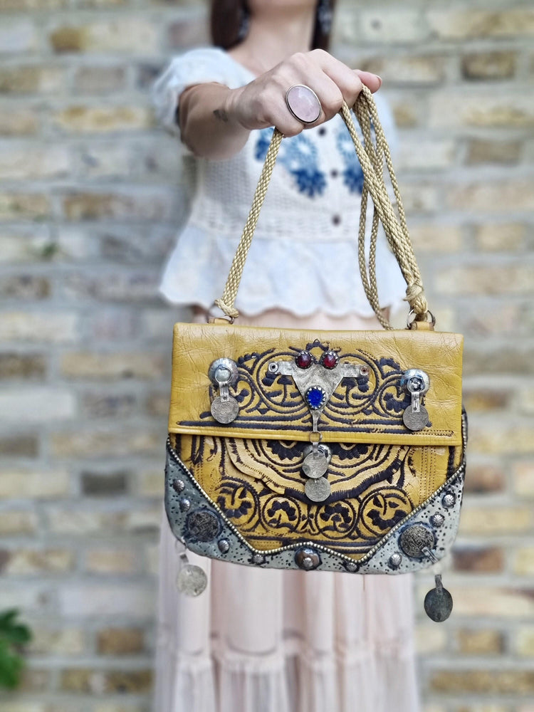 Antique Berber Leather Bag: Moroccan Hamsa Hand Purse, Tribal Embroidery