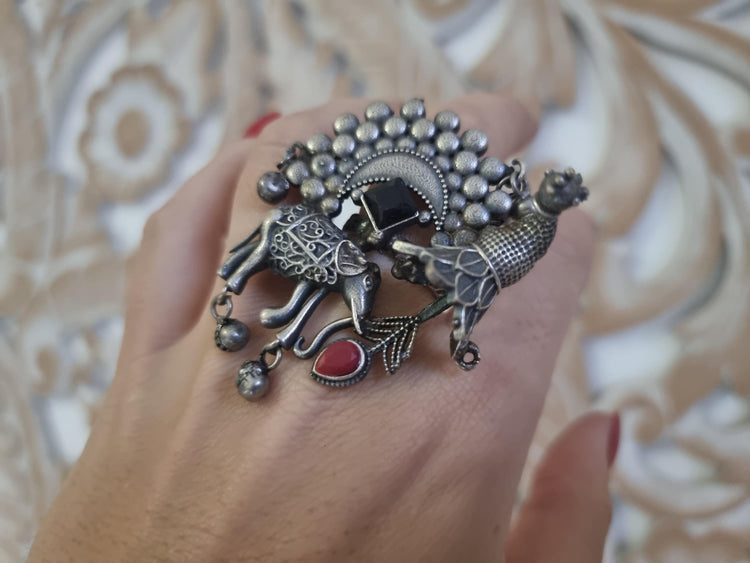 Oxidized Silver Elephant & Peacock Ring: Indian Boho Jewelry