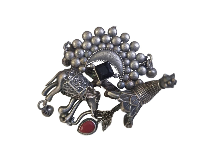 Oxidized Silver Elephant & Peacock Ring: Indian Boho Jewelry