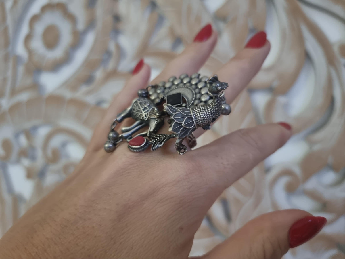 Oxidized Silver Elephant & Peacock Ring: Indian Boho Jewelry