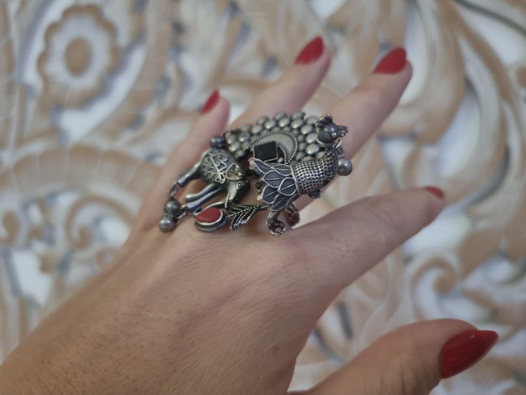 Oxidized Silver Elephant & Peacock Ring: Indian Boho Jewelry