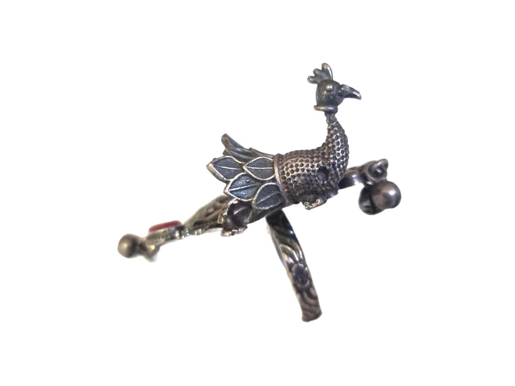 Oxidized Silver Elephant & Peacock Ring: Indian Boho Jewelry