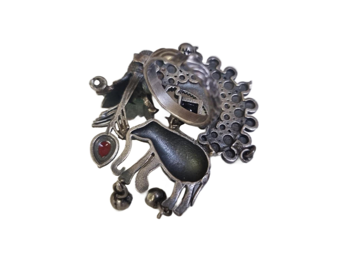 Oxidized Silver Elephant & Peacock Ring: Indian Boho Jewelry