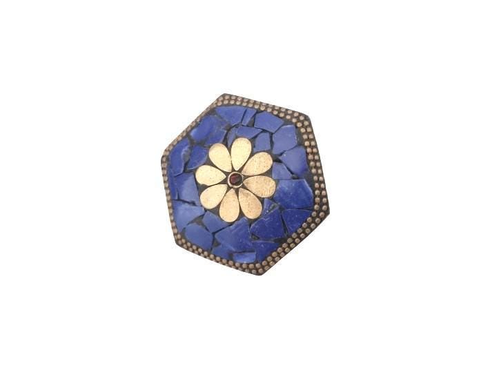Tibetan Lapis Lazuli Mosaic Ring, Hexagon Statement Ring, Boho Brass Adjustable Ring, Nepali Inspired Jewelry, Gift for Her