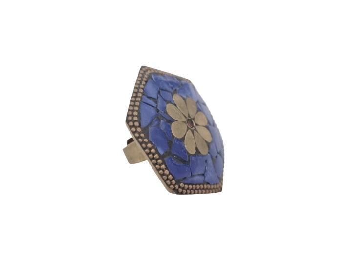 Tibetan Lapis Lazuli Mosaic Ring, Hexagon Statement Ring, Boho Brass Adjustable Ring, Nepali Inspired Jewelry, Gift for Her