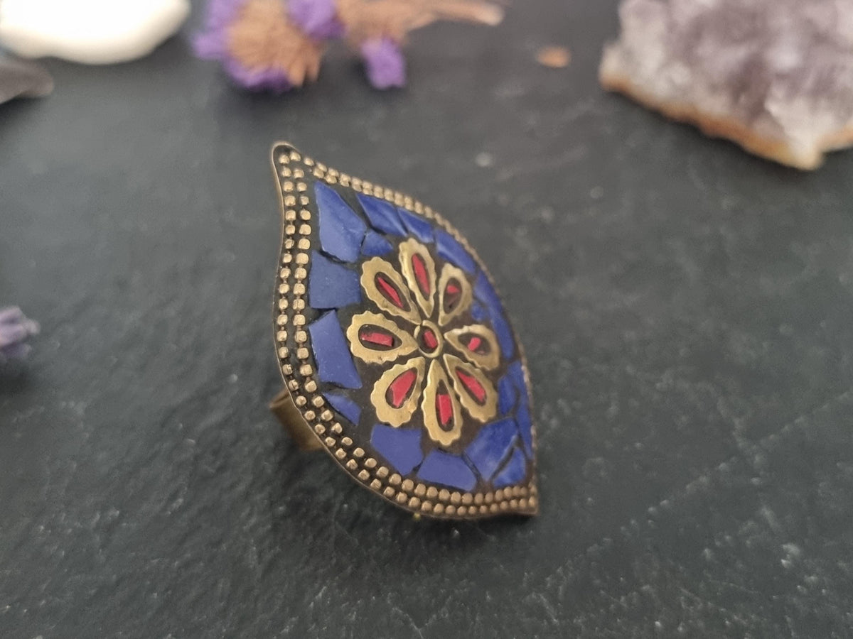 Tibetan Mosaic Ring, Coral Lapis Lazuli Statement Ring, Oval Brass Boho Ring, Nepali Inspired Adjustable Ring, Handmade Gift for Her