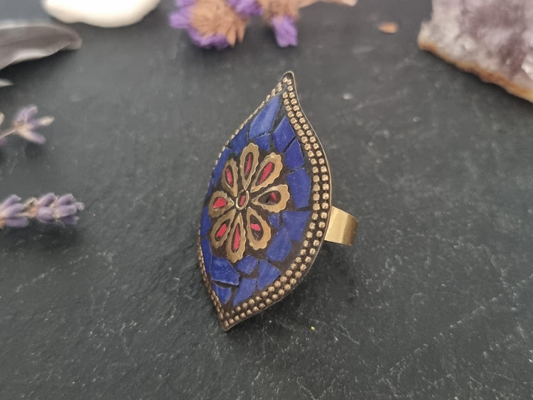 Tibetan Mosaic Ring, Coral Lapis Lazuli Statement Ring, Oval Brass Boho Ring, Nepali Inspired Adjustable Ring, Handmade Gift for Her