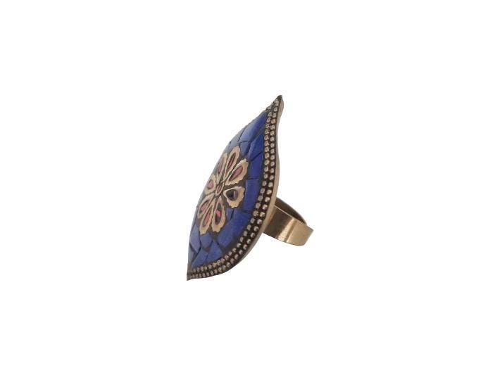 Tibetan Mosaic Ring, Coral Lapis Lazuli Statement Ring, Oval Brass Boho Ring, Nepali Inspired Adjustable Ring, Handmade Gift for Her
