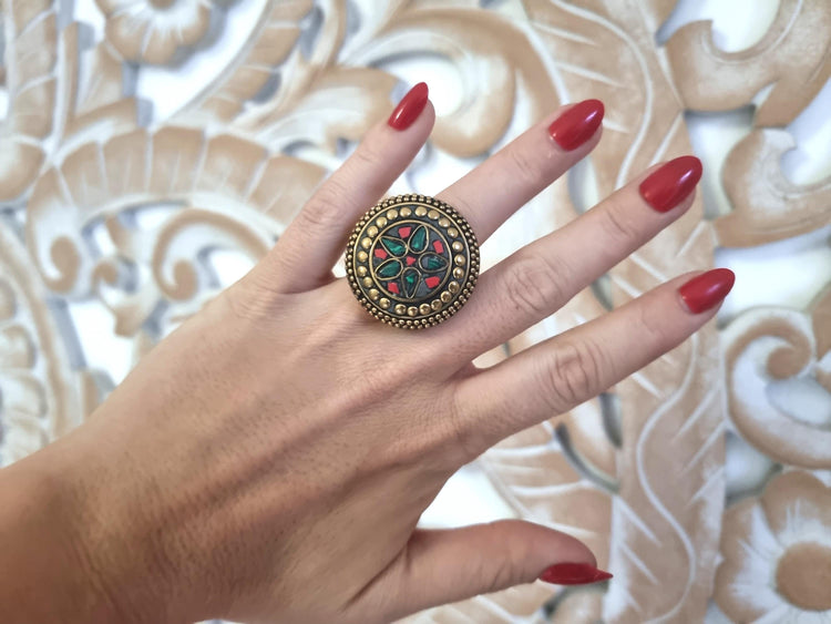 Boho Brass Statement Ring: Tibetan Coral & Malachite Adjustable Jewelry
