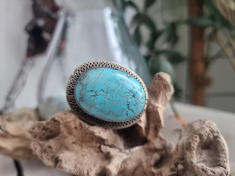 Vintage Turquoise Statement Ring, Adjustable Silver Boho Ring, Tribal Turquoise Ring, Western Jewelry, Native Style Ring, Gift for Her