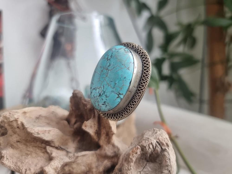 Vintage Turquoise Statement Ring, Adjustable Silver Boho Ring, Tribal Turquoise Ring, Western Jewelry, Native Style Ring, Gift for Her