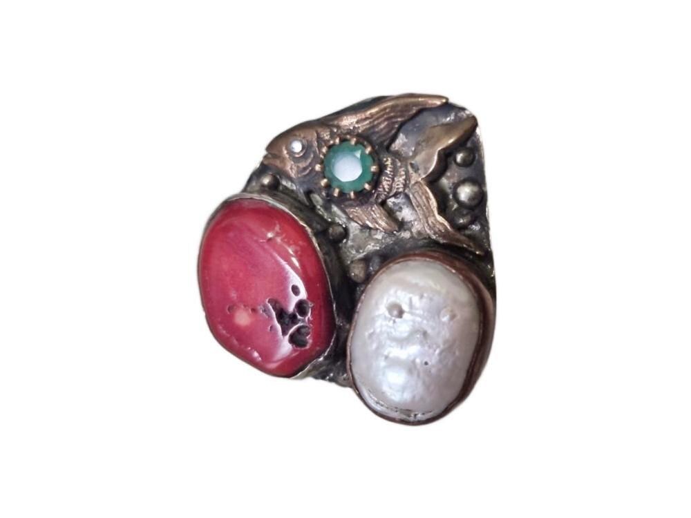 Fish Statement Ring, Handmade Brass Animal Ring, Coral Pearl Gemstone Ring, Boho Tribal Adjustable Ring, Ocean Jewelry Gift for Her