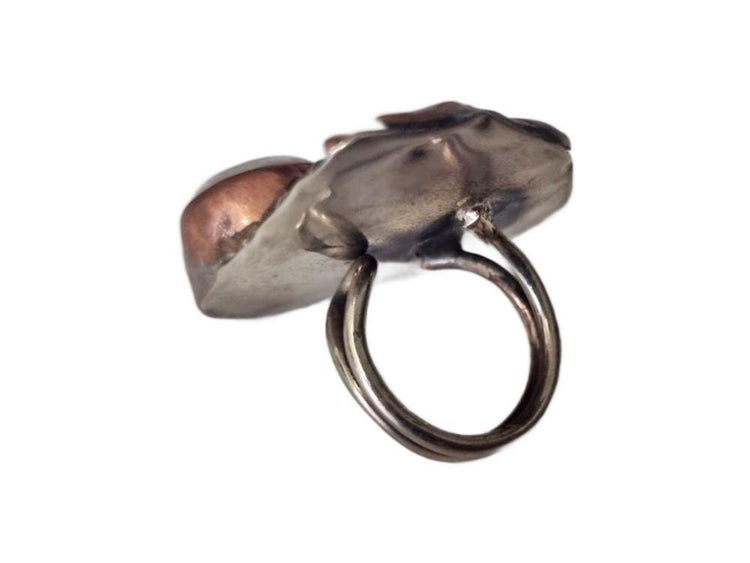 Fish Statement Ring, Handmade Brass Animal Ring, Coral Pearl Gemstone Ring, Boho Tribal Adjustable Ring, Ocean Jewelry Gift for Her