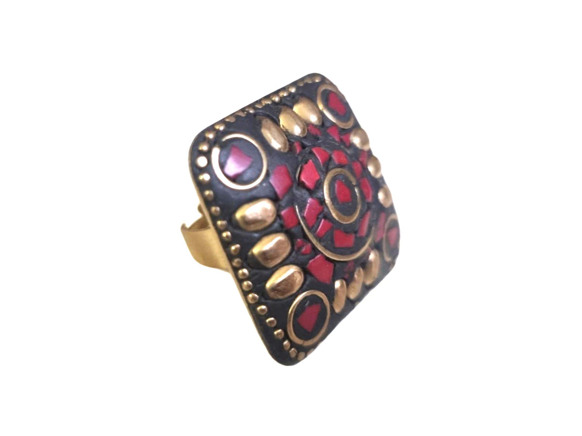 Tibetan Mosaic Ring: Red Stone Adjustable Brass Boho Ring