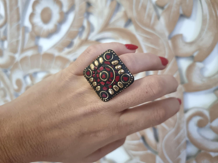 Tibetan Mosaic Ring: Red Stone Adjustable Brass Boho Ring