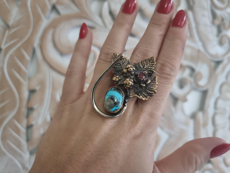 Bohemian Ruby Flower Ring: Turquoise, Forest Leaves, Adjustable
