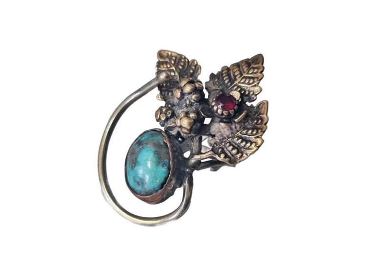 Bohemian Ruby Flower Ring: Turquoise, Forest Leaves, Adjustable