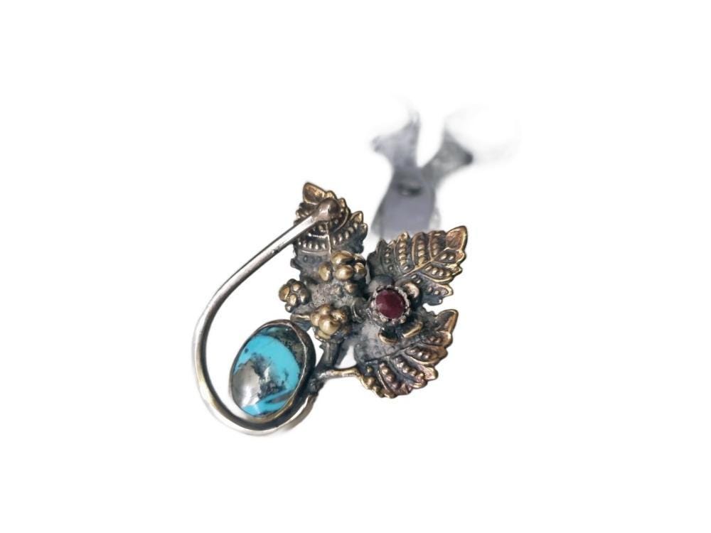 Bohemian Ruby Flower Ring: Turquoise, Forest Leaves, Adjustable