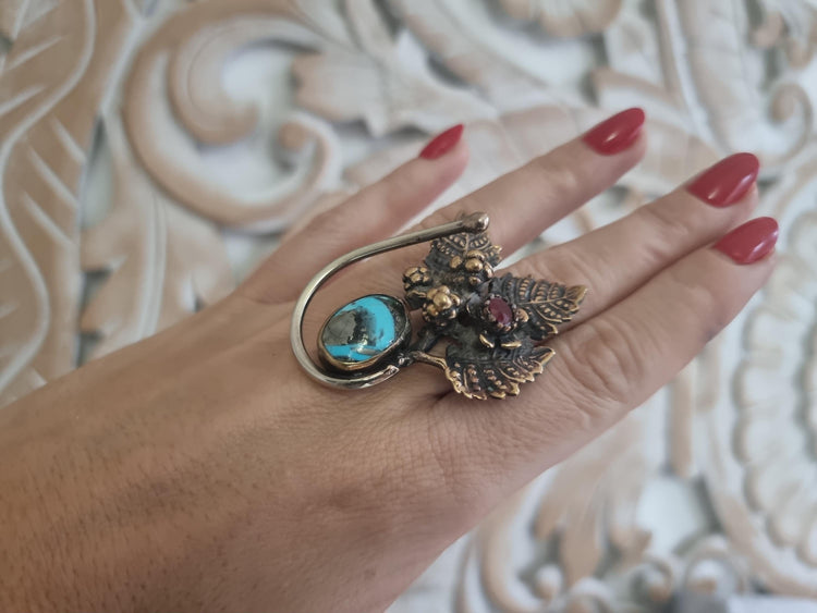 Bohemian Ruby Flower Ring: Turquoise, Forest Leaves, Adjustable
