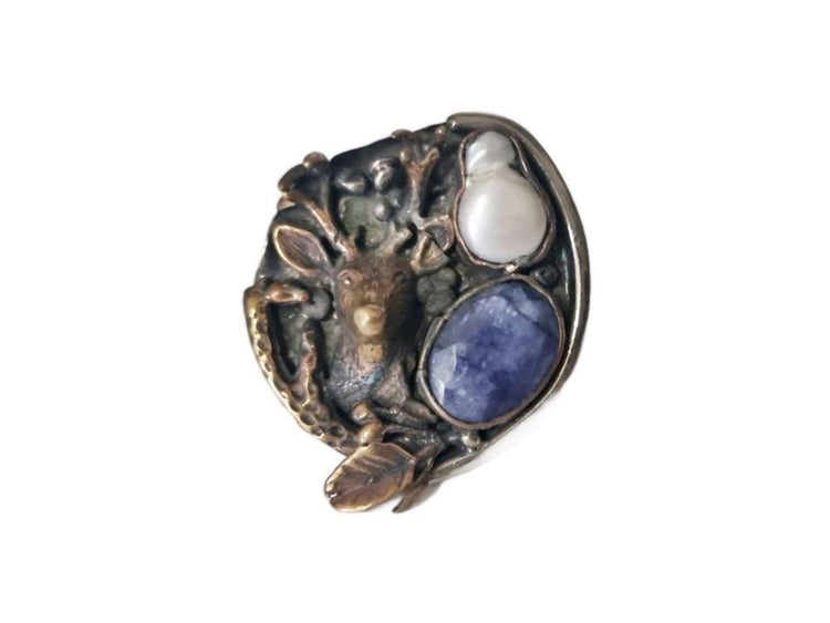 Bohemian Deer Head Ring, Lapis Lazuli Pearl Statement Ring, Woodland Animal Jewelry, Adjustable Antler Ring, Handmade Nature Gift for Her